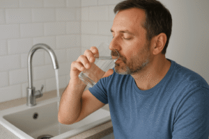 Uomo che beve acqua in cucina moderna