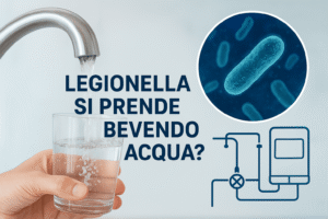 Rubinetto con acqua che scorre in un bicchiere, illustrazione del batterio Legionella e schema di impianto idrico con testo 'Legionella si prende bevendo acqua?