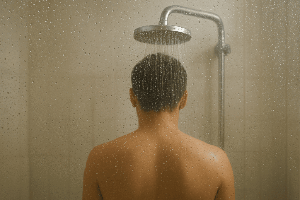 Uomo di spalle sotto la doccia con acqua nebulizzata, simbolo del rischio Legionella negli impianti condominiali.