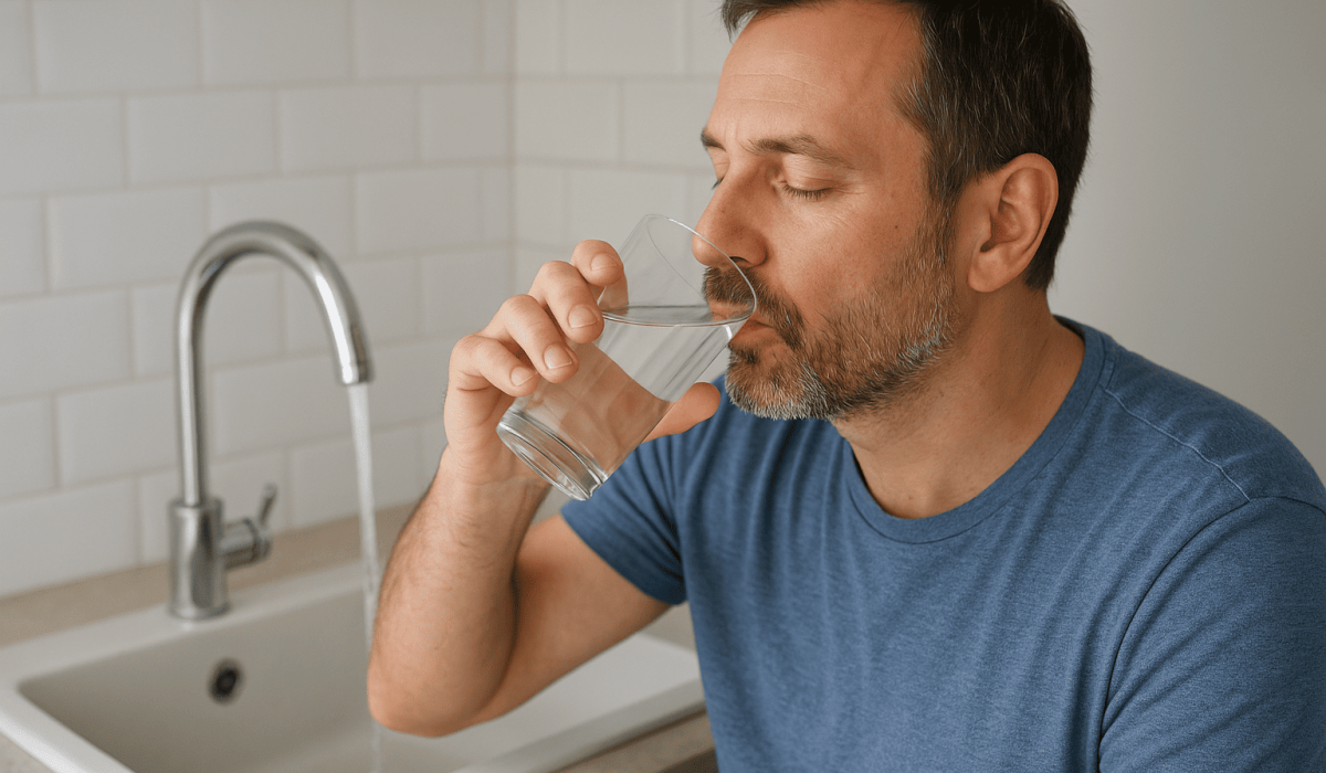 Uomo che beve acqua in cucina moderna